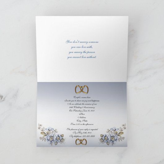 第50記念日のパーティの招待状の青の花柄 招待状 (内部)