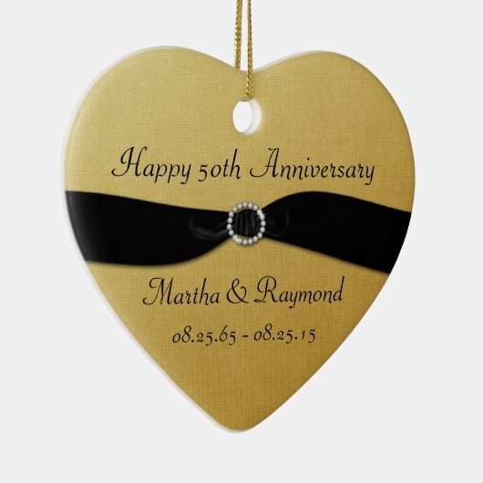 第50記念日の写真の金ゴールドの黒のリボンのダイヤモンド セラミックオーナメント (右)