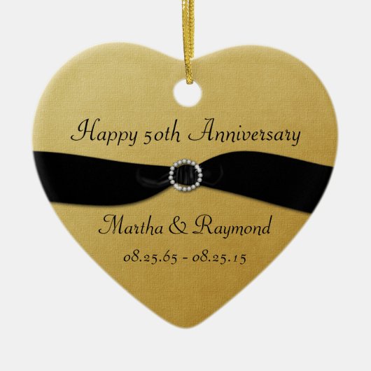 第50記念日の写真の金ゴールドの黒のリボンのダイヤモンド セラミックオーナメント (正面)