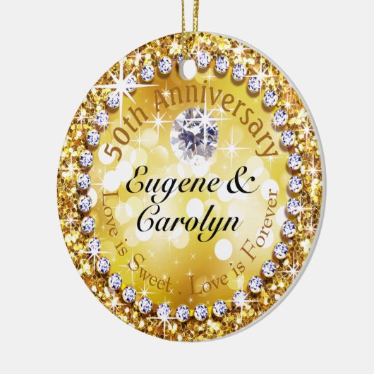 第50記念日の派手なダイヤモンドきらきら光るな|の金ゴールド セラミックオーナメント (左)