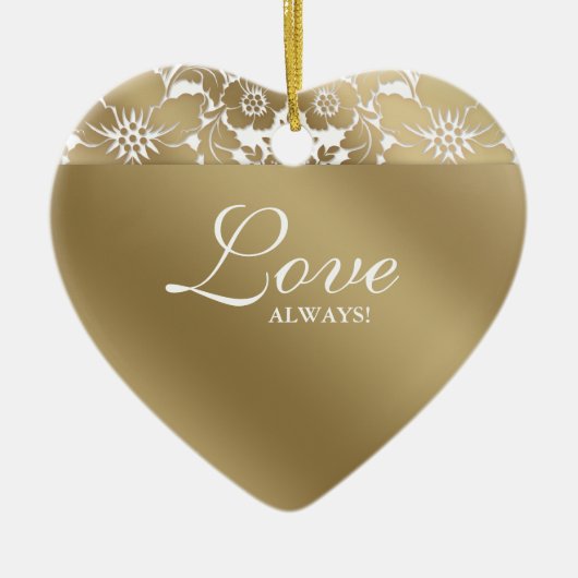 第50記念日の結婚式の花のダマスク織の金ゴールドの白 セラミックオーナメント (正面)