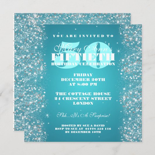 第50誕生会のきらめくなグリッターのターコイズ 招待状 (正面/裏面)