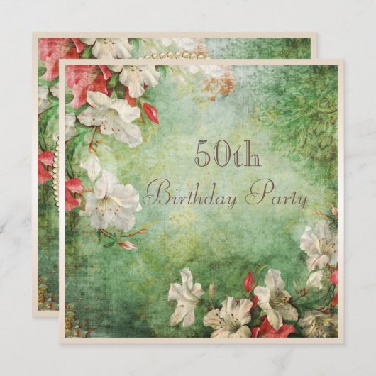 第50誕生会のぼろぼろのシックなハイビスカスの花 招待状 (正面/裏面)