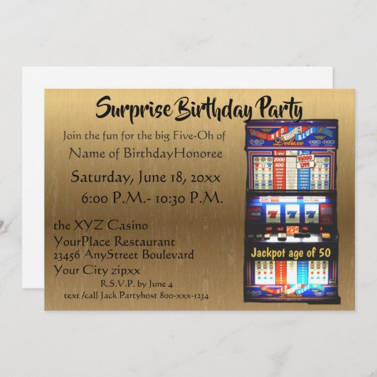 第50誕生会のカジノのスロットマシンの金ゴールド 招待状 (正面/裏面)