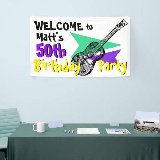 第50誕生会の旗へのギターの歓迎 横断幕 (トレードショー)
