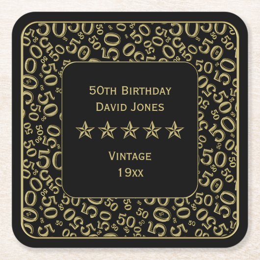 第50誕生会の金ゴールドか黒いパターン スクエアペーパーコースター (正面)