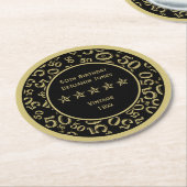第50誕生会の金ゴールドか黒い円形パターン ラウンドペーパーコースター (アングル)