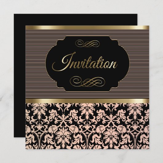 第50誕生会は|、金ゴールド及び黒いダマスク織上がりました 招待状 (正面/裏面)
