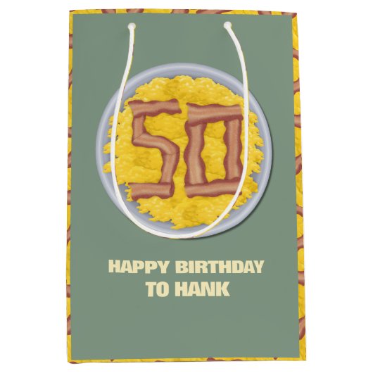 第50誕生会メンズおもしろいなベーコンの卵 ミディアムペーパーバッグ (正面)