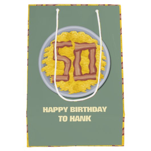 第50誕生会メンズおもしろいなベーコンの卵 ミディアムペーパーバッグ (裏面)