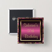 第50誕生会|のピンクの金属及び金ゴールド 缶バッジ (正面&裏面)