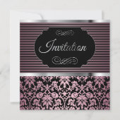 第50誕生会|のピンク、銀製及び黒いダマスク織 招待状 (正面)