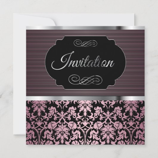 第50誕生会|のピンク、銀製及び黒いダマスク織 招待状 (正面)