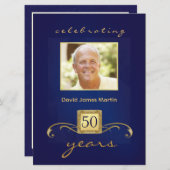 第50誕生会-男らしいモノグラム-青 招待状 (正面/裏面)