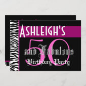 第50誕生日のカスタムなテンプレート-シマウマのピンクの黒 招待状 (正面/裏面)