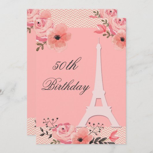 第50誕生日のシックな花のパリエッフェル塔 招待状 (正面/裏面)