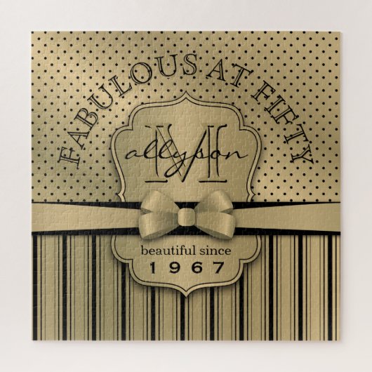 第50誕生日のシャンペンの金ゴールドの水玉模様のストライプの弓 ジグソーパズル (縦)