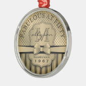 第50誕生日のシャンペンの金ゴールドの水玉模様のストライプの弓 メタルオーナメント (左)