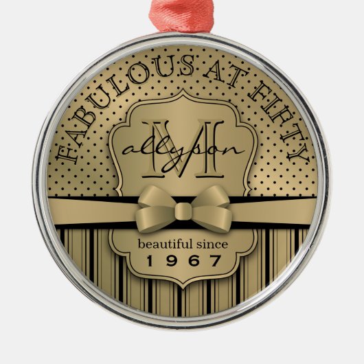 第50誕生日のシャンペンの金ゴールドの水玉模様のストライプの弓 メタルオーナメント (正面)