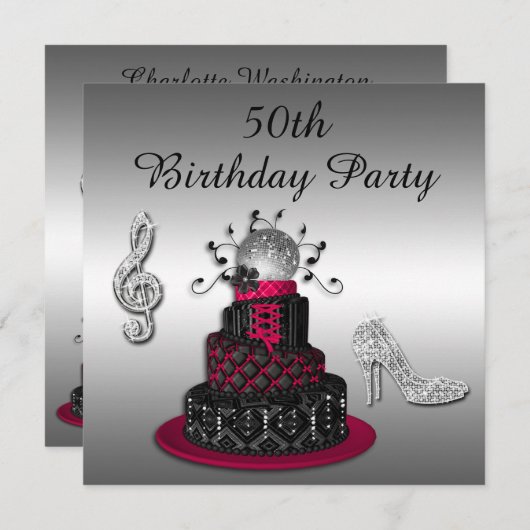 第50誕生日のディスコの花型女性歌手のケーキおよび輝きのかかと 招待状 (正面/裏面)