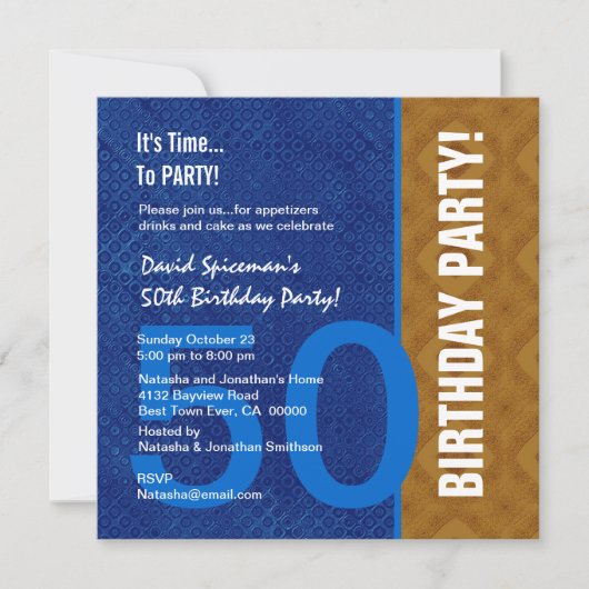 第50誕生日のモダンなロイヤルブルーおよび青銅V08 招待状 (正面)
