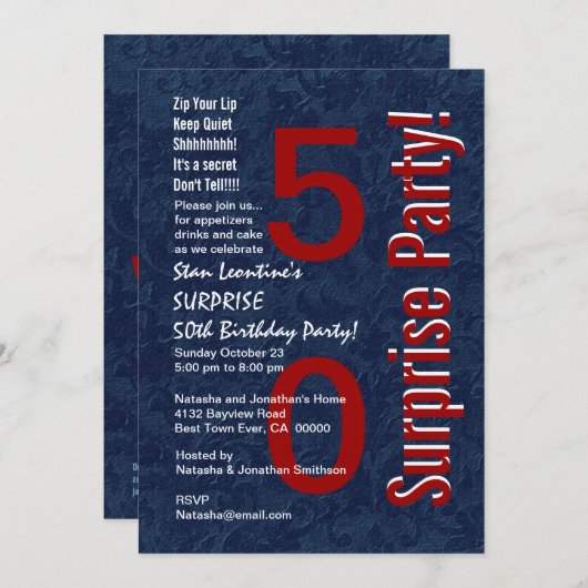 第50誕生日のモダンな紫系統S691を驚かして下さい 招待状 (正面/裏面)