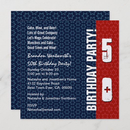第50誕生日のモダンな赤白青は金属を主演します 招待状 (正面/裏面)