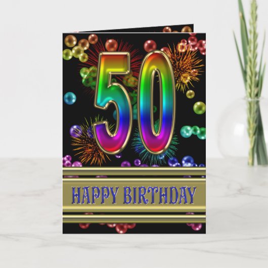 第50誕生日のレインボーバブルと花火 カード (正面)