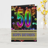 第50誕生日のレインボーバブルと花火 カード (黄色い花)