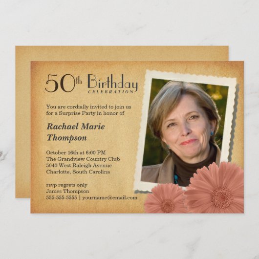 第50誕生日のヴィンテージのデイジーの写真の招待状 招待状 (正面/裏面)