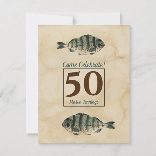 第50誕生日のヴィンテージの水彩画の魚 招待状 (正面)