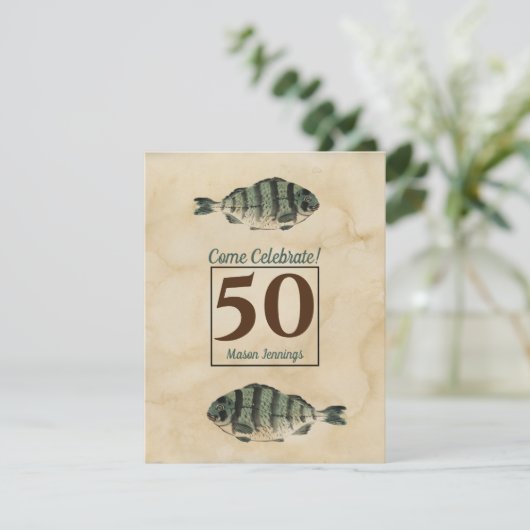第50誕生日のヴィンテージの水彩画の魚 招待状 (スタンド正面)