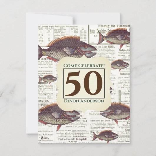 第50誕生日のヴィンテージドイツ新聞魚 招待状 (正面)