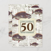 第50誕生日のヴィンテージドイツ新聞魚 招待状 (正面/裏面)