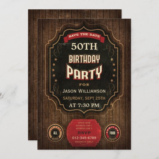 第50誕生日の保存日付黒板及び木 セーブザデート (正面/裏面)