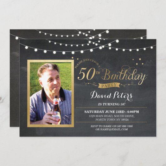 第50誕生日の写真のチョークの素朴な金ゴールドの招待状 招待状 (正面/裏面)