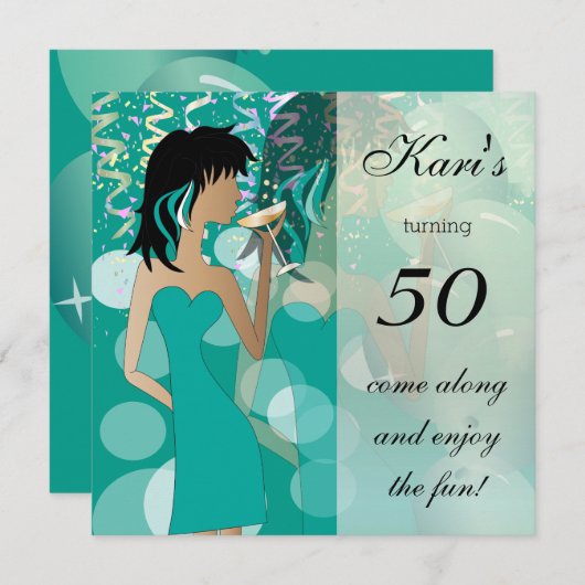 第50誕生日の強打の女の子のパーティー|のティール（緑がかった色） 招待状 (正面/裏面)