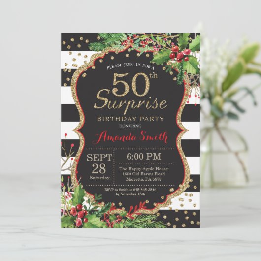 第50誕生日の招待状のクリスマスの金ゴールドを驚かして下さい 招待状 (スタンド正面)