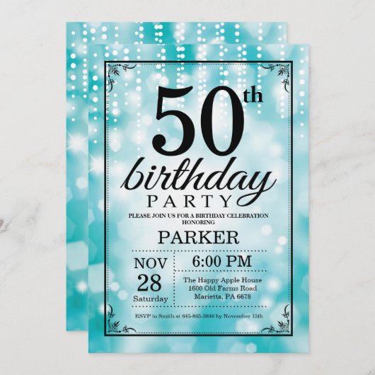 第50誕生日の招待状のティール（緑がかった色）のグリッター 招待状 (正面/裏面)