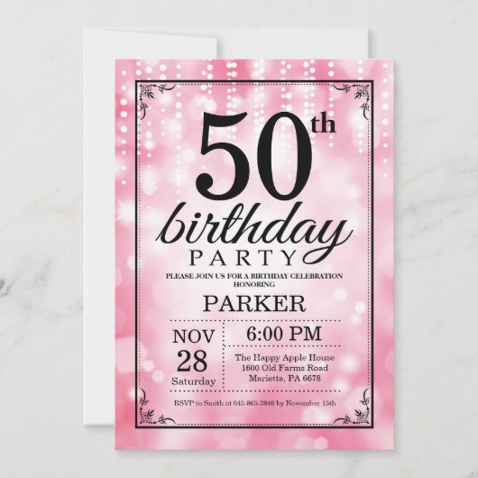 第50誕生日の招待状のピンクのグリッター 招待状 (正面)