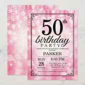 第50誕生日の招待状のピンクのグリッター 招待状 (正面/裏面)