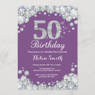 第50誕生日の招待状の紫色および銀製のダイヤモンド 招待状