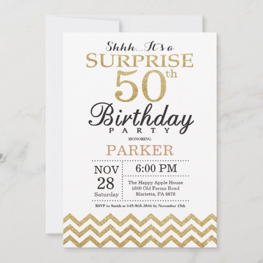 第50誕生日の招待状の金ゴールドのグリッターを驚かして下さい 招待状 (正面)