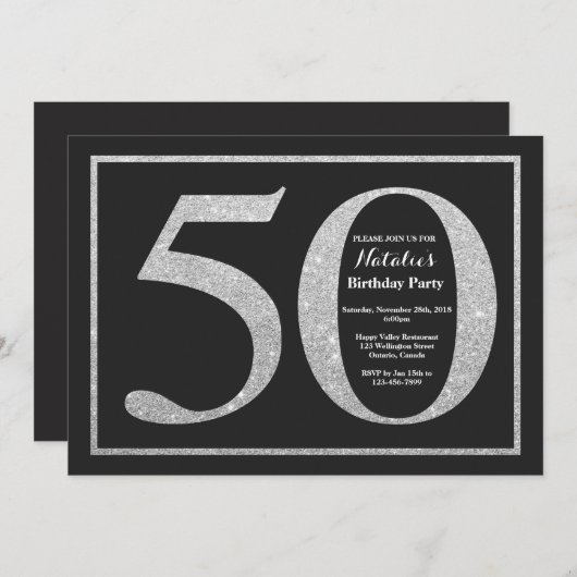 第50誕生日の招待状の銀のグリッターの黒板 招待状 (正面/裏面)