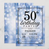 第50誕生日の招待状の青いグリッター 招待状 (正面/裏面)