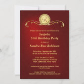 第50誕生日の招待状-赤及び金ゴールドのモノグラム 招待状 (裏面)