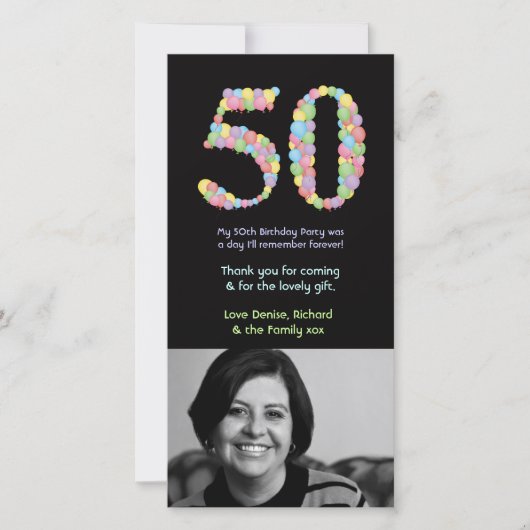 第50誕生日の気球は写真カード感謝していしています サンキューカード (正面)