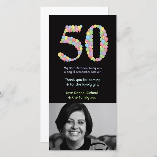 第50誕生日の気球は写真カード感謝していしています サンキューカード (正面/裏面)