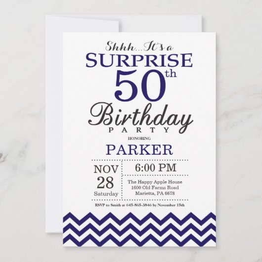 第50誕生日の濃紺シェブロンを驚かして下さい 招待状 (正面)