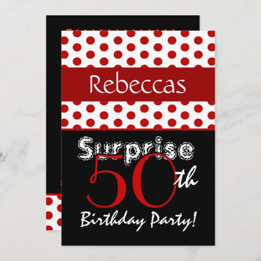 第50誕生日の赤い水玉模様T552を驚かして下さい 招待状 (正面/裏面)